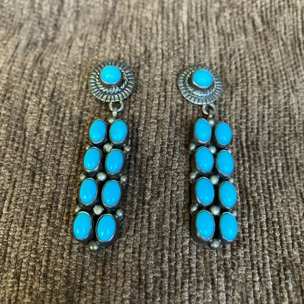 vintage Navajo sterling silver and turquoise cluster dangle earrings